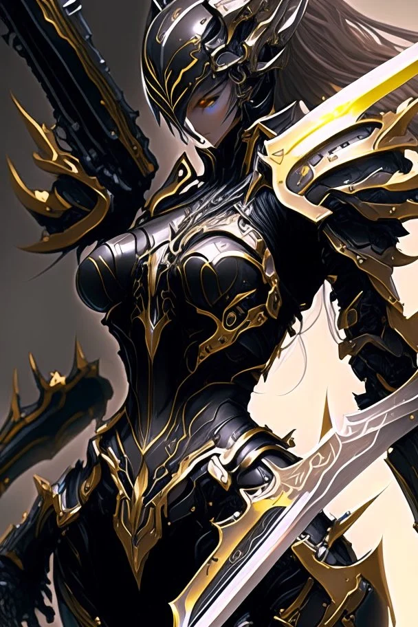 a woman with a sword in her hand, 2. 5 d cgi anime fantasy artwork, ghostblade, black and golden armor, of a beautiful saryn warframe, intricate assasin mecha armor, black armor, sharp black armor, dark warrior, cgsociety 9, anime fantasy artwork, of a beautiful female warframe, detailed warframe fanart