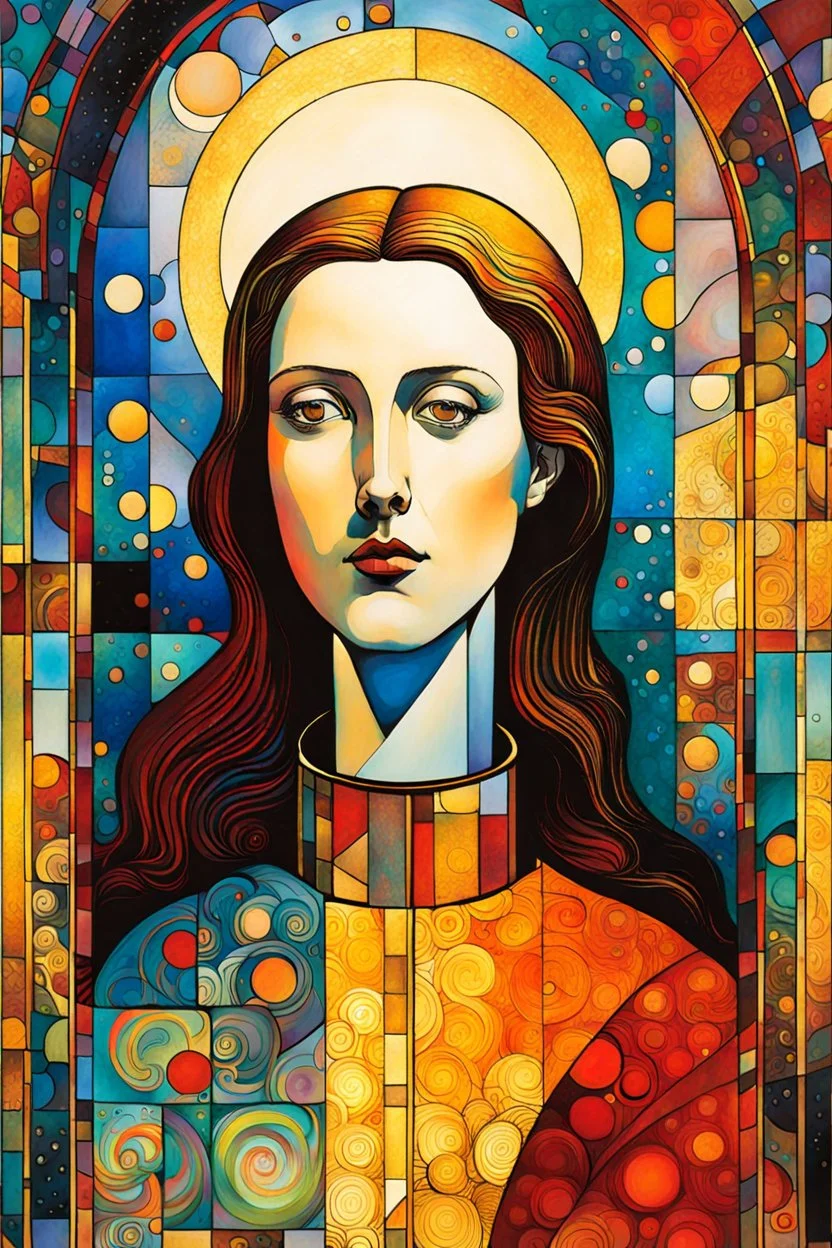 Create chaotic abstract cubist religious triptych depicting martyred Saint Justina of Padua, with highly detailed facial features, in the style of Bill Sienkiewicz, Philippe Druillet, Gustav Klimt, and Jean Giraud Moebius, precisely drawn, colored and inked