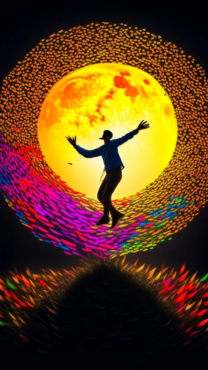 a straw man jumping to touch the moon, surrounded by multicolored paper birds, strong backlighting backlit, nostalgic and hazy