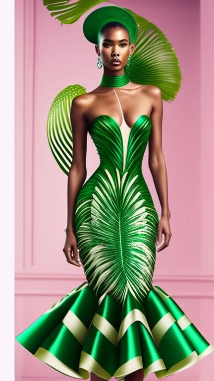 1mannequin, pageant dress, dress inspired by fan palm, pan palm, beautiful, flowing, green, elegant, full body frame, full body, hd, ultra realistic, dress displayed in the mannequin