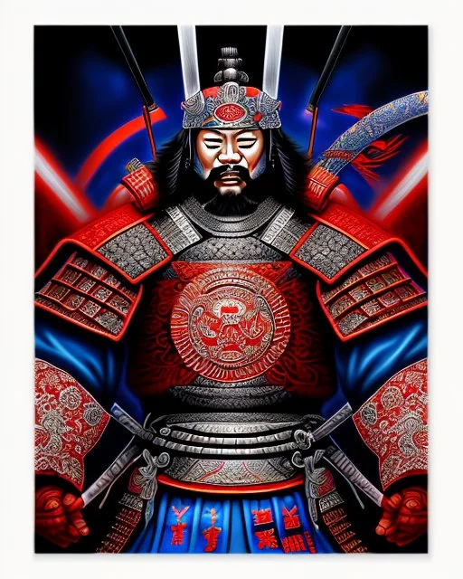 Samurai man intricate ink art hyper-detailed full frontal view maximalist red blue 4k