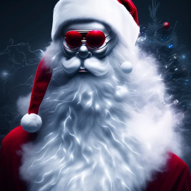 All Black Santa, ghost, wearing high tech mask, white smoke, dark, rage, high definition, ultra 8 k, volumetric lighting, blue fire, fog red rain