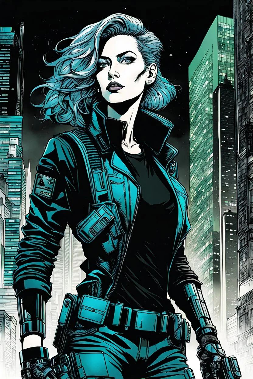 create a negative space illustration of a female cyberpunk private detective with prosthetic arm in flak vest, with highly detailed , sharply defined feminine facial features, in a chaotic, turbulent, otherworldly Tokyo in the graphic novel style of FRANK MILLER, precisely drawn, inked, with dramatic edges, chiaroscuro ,