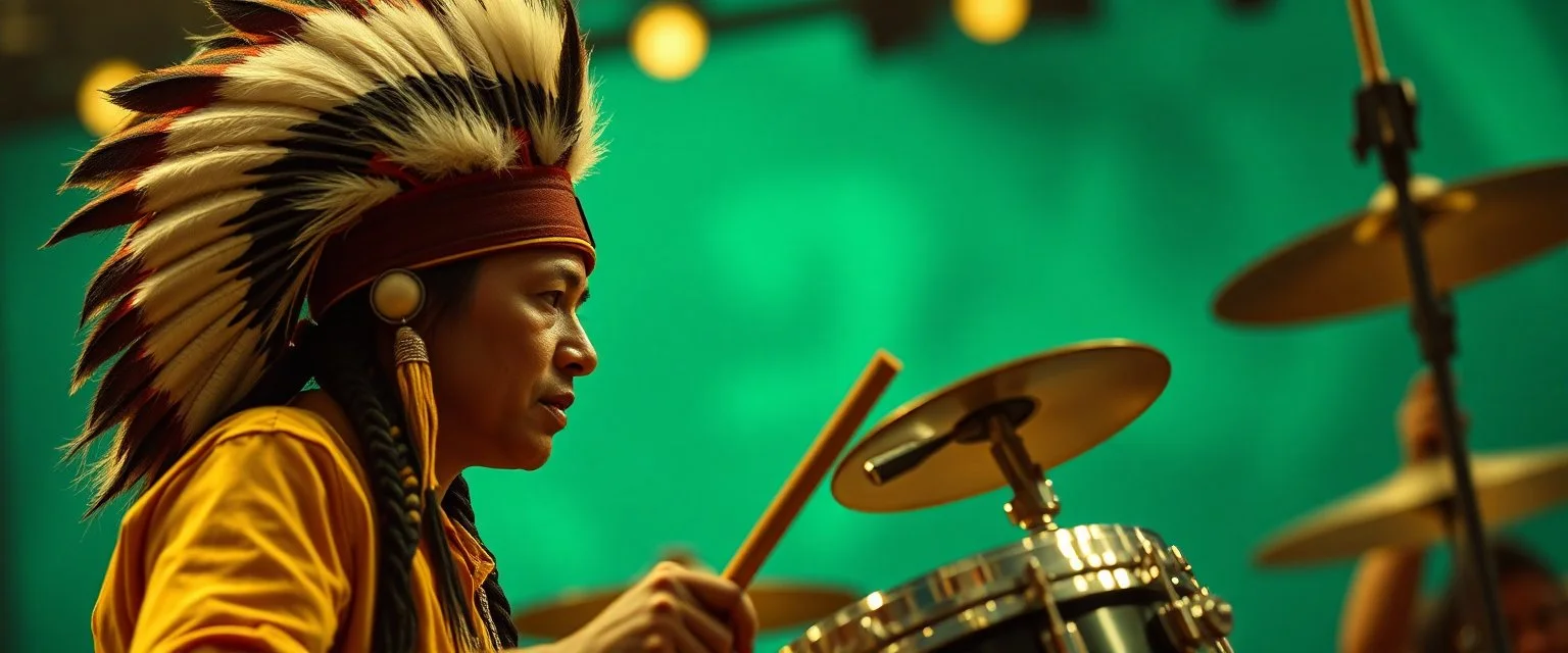 maga hat boy facing the native american drummer like in the press in the style of giger and escher and fallout 4