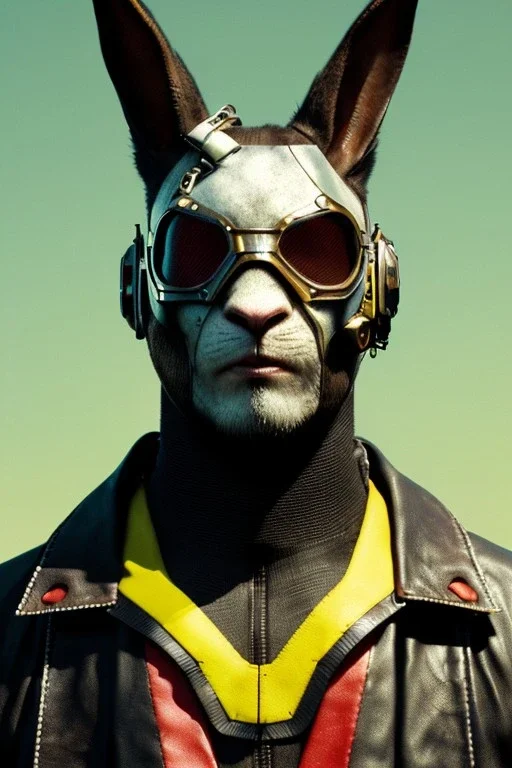 Medium Close Up Portrait, Front image. cyberpunk, rabbit mask, latin man, white short hair. leather, titanium suit. Yellow, black, red, color. Mad max style. Color background, photo studio. Avatar image, highly detailed, concept art, smooth, unreal engine 5, god rays, ray tracing, RTX, lumen lighting, ultra detail, volumetric lighting, 3d, finely drawn, high definition, high resolution.