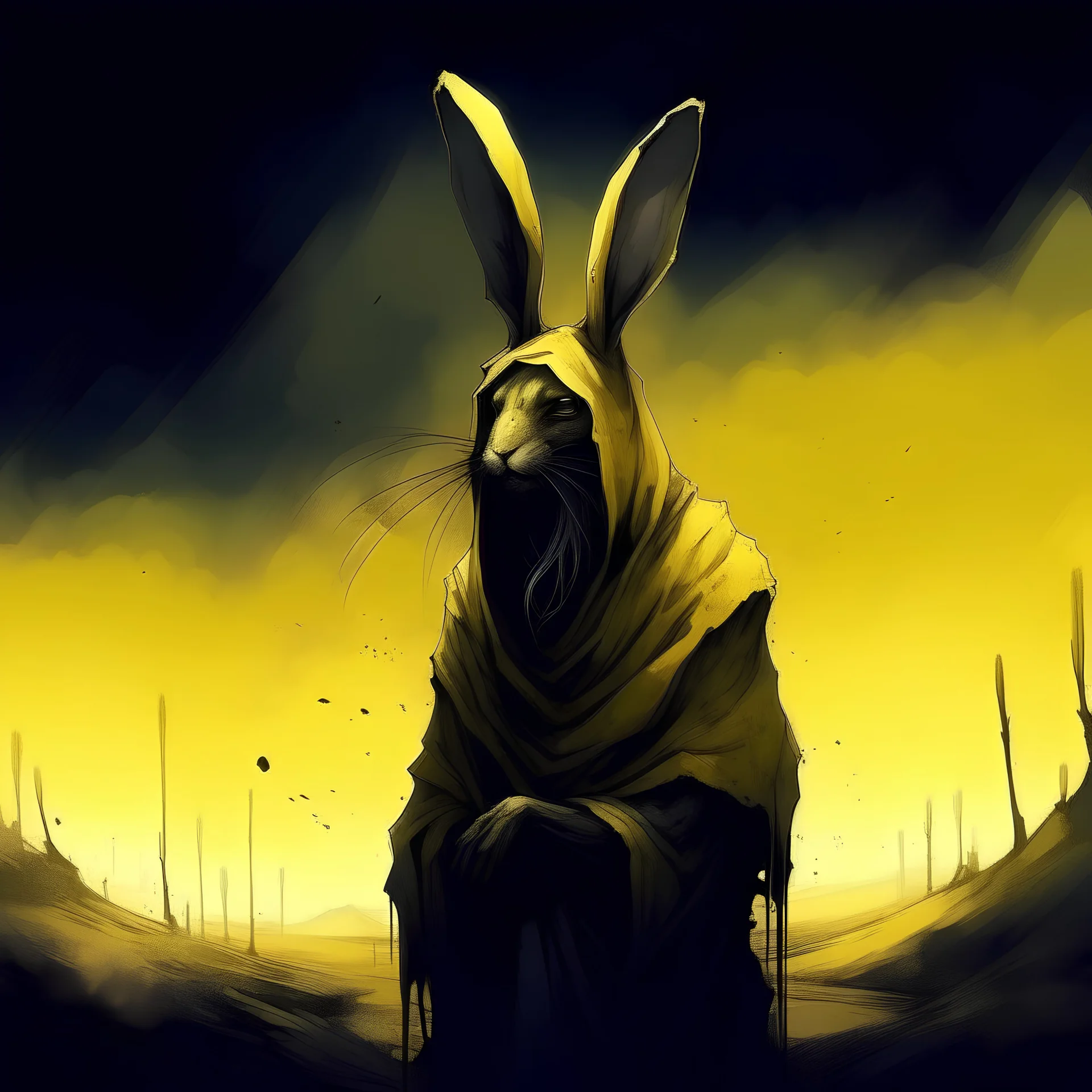 androgynous humanoid rabbit, desert night scene, surrounded by black wisps of vapor, Persian style loose-fitting yellow cloak, thin veil over face, thematic tone wash, characteristic comic style