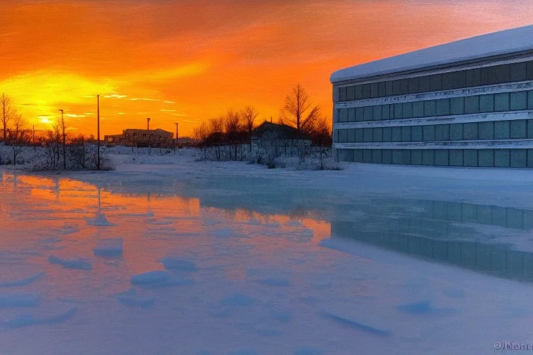 Sunset, winter, cyberpunk buildings in the ice, tendency to science fiction, impressionism painting