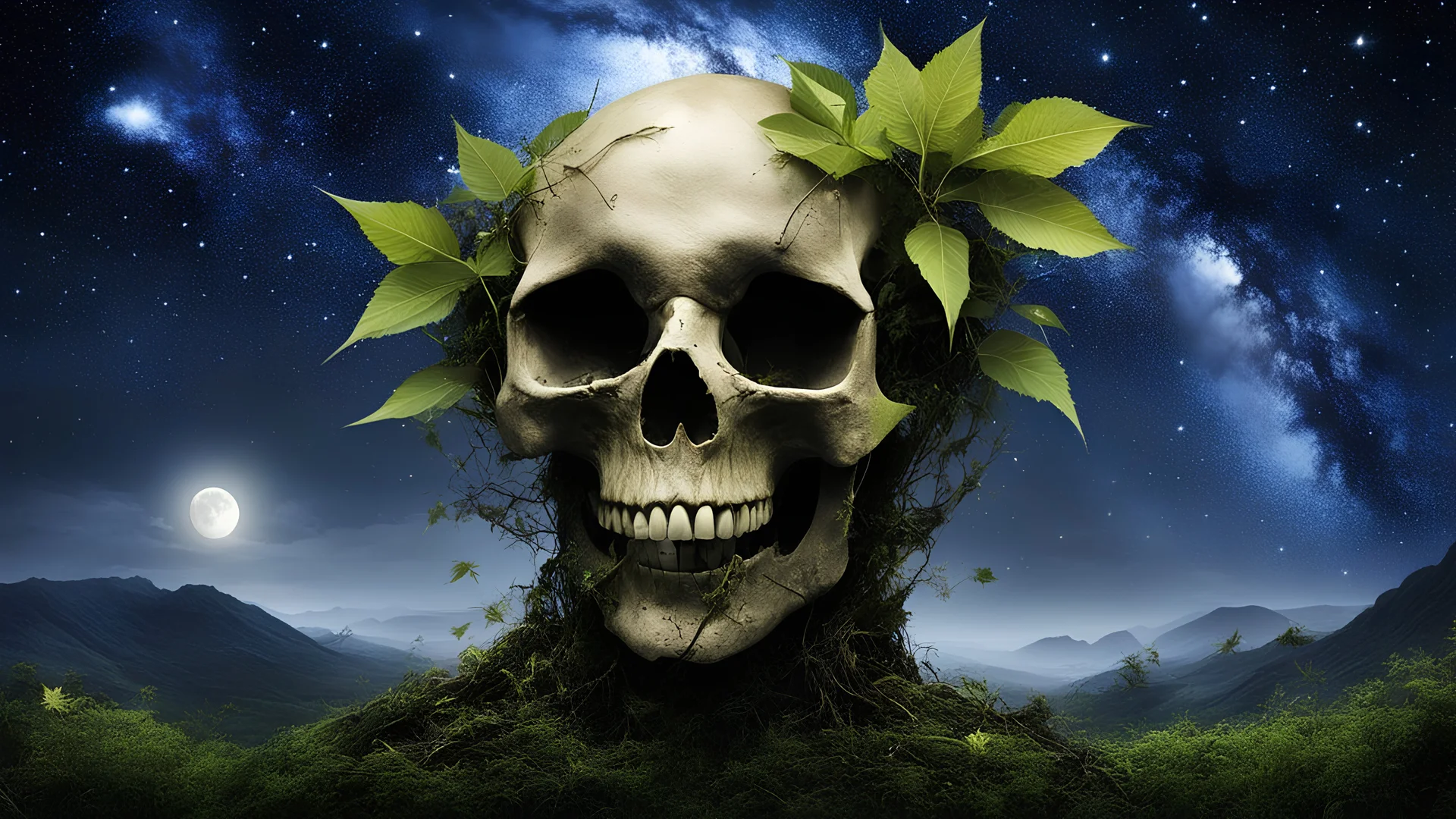 (masterpiece, best quality:1.1), (leafart, leaf:1.2), (skull:1.1), teeth, no humans, sharp teeth, horror \(theme\), outdoors, dryad, night, starry sky