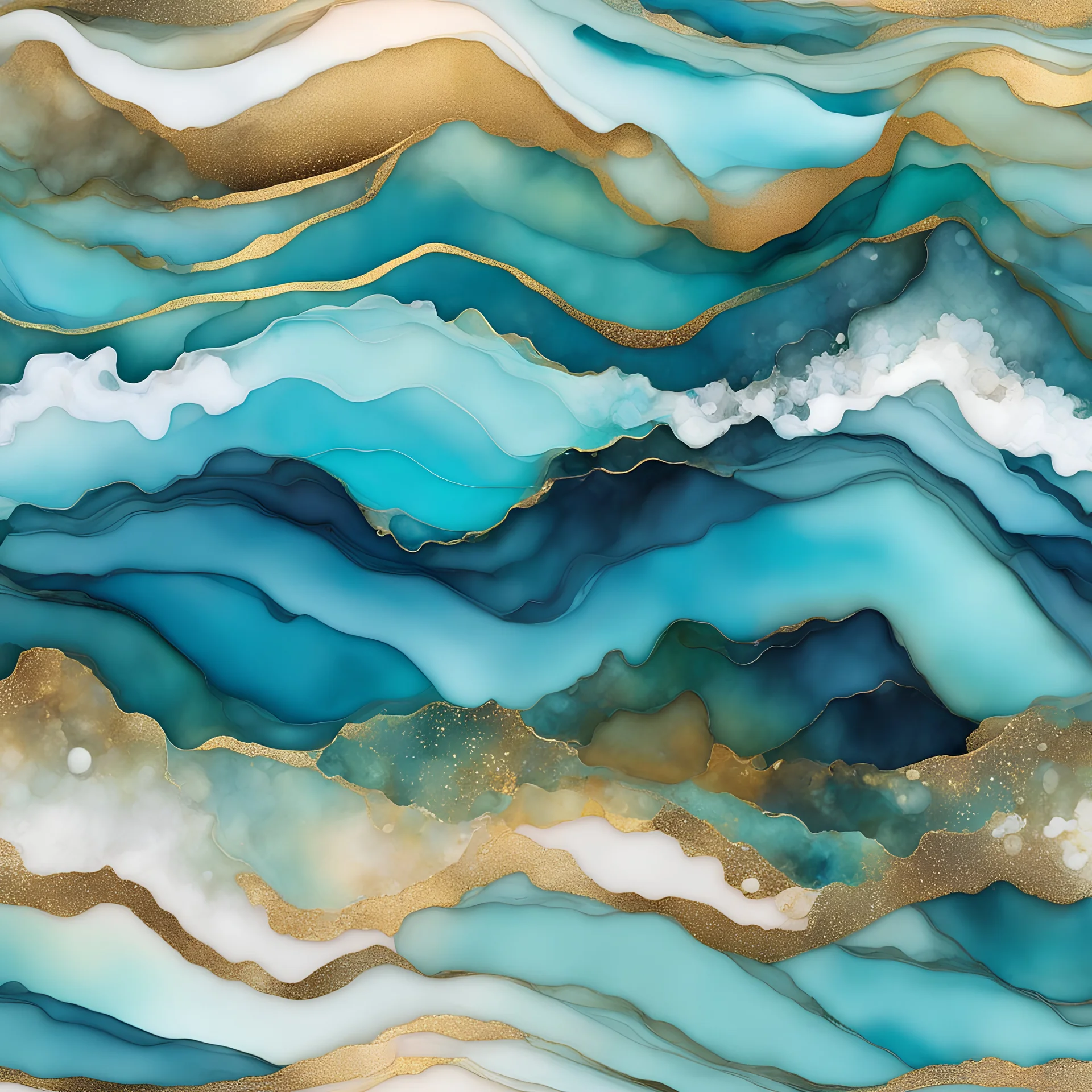 Alcohol ink art tile pattern. Vibrant, fantasy, delicate, ethereal. Sea. Shades of blue, gold, aqua,, white. waves on shore. Background ink drip.