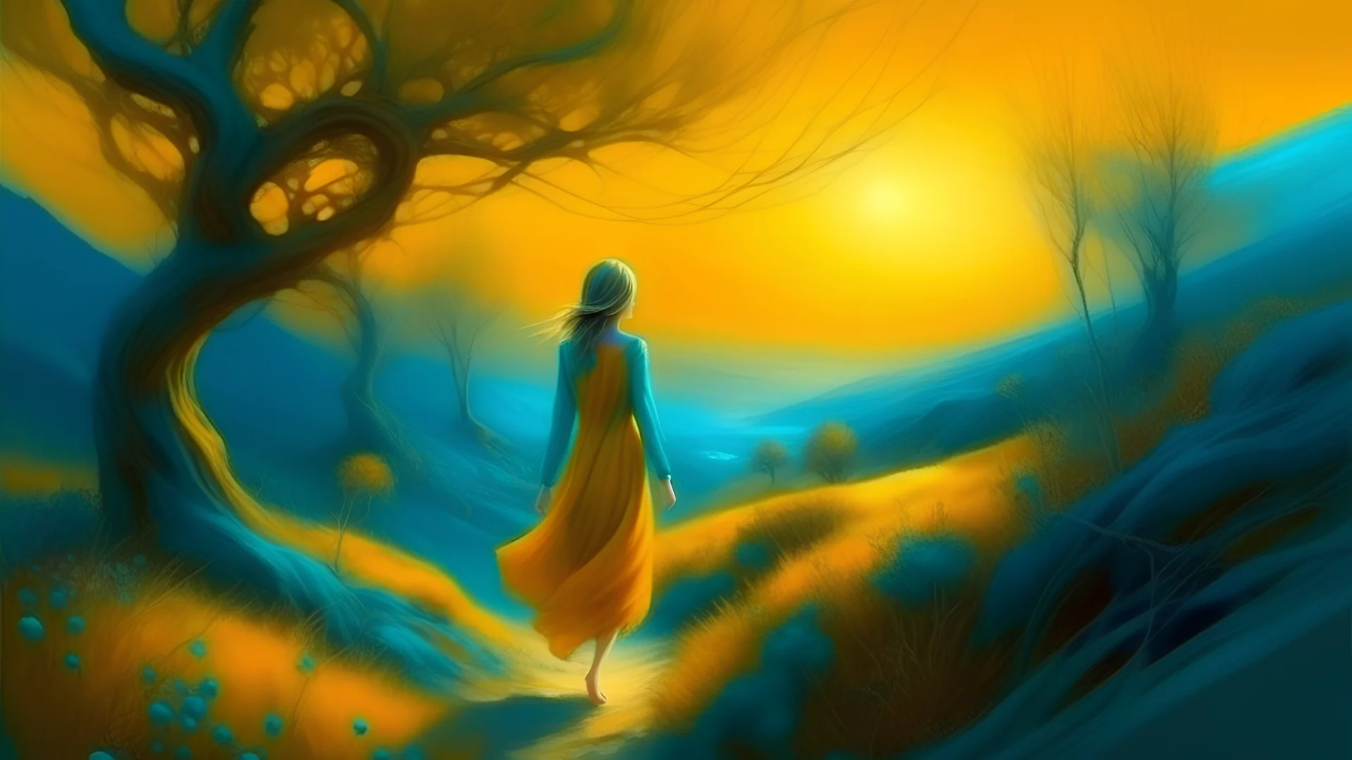 a girl walking through a field, in the style of ethereal trees, dark yellow and azure, majestic, sweeping seascapes, photorealistic representation, graceful balance, wimmelbilder, orange