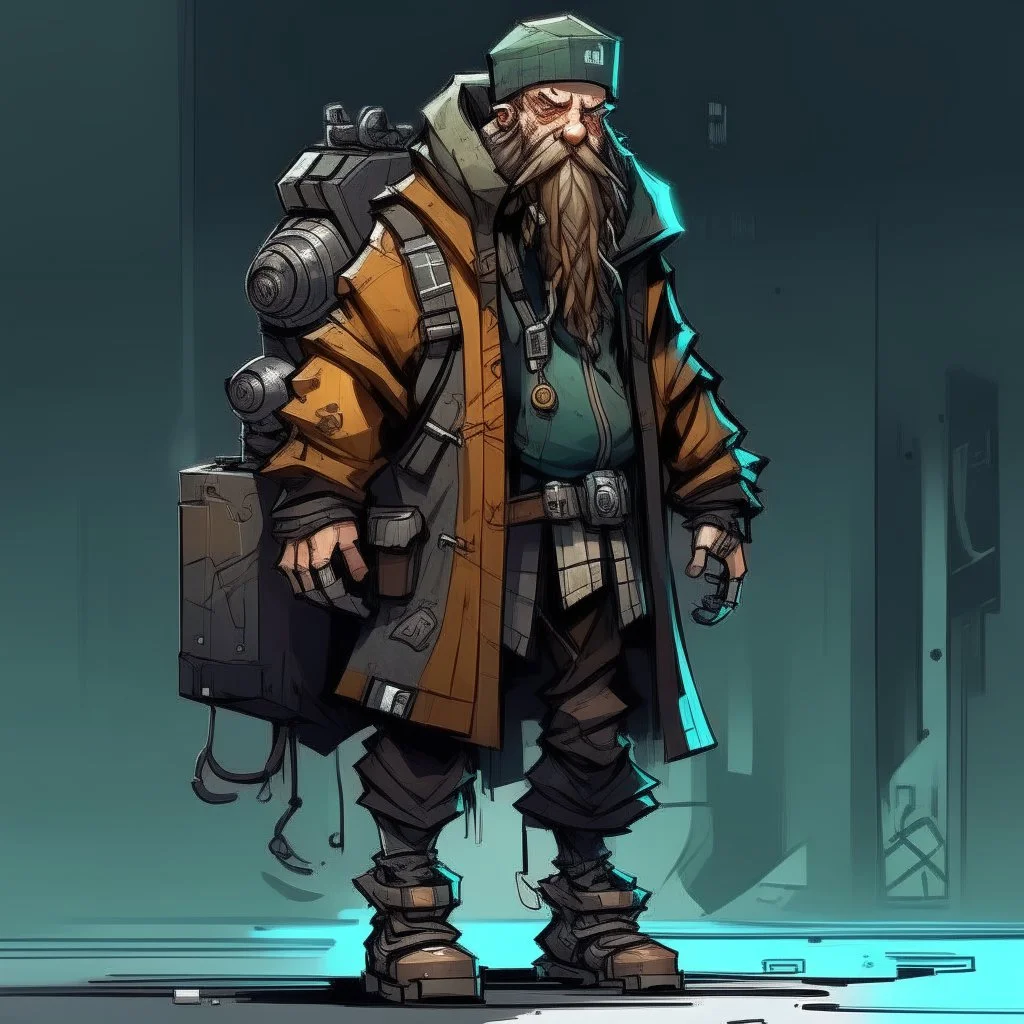 street vandal cyperpunk dwarf with cybernetic legs, dressed with a coat and beanie