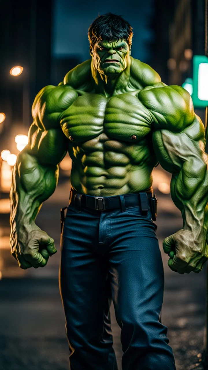 hulk, moody good lighting, best quality, full body portrait, true portrait, complex details, depth of field, Fujifilm xt3, outdoor, beautiful light, raw photo, 8K UHD, police