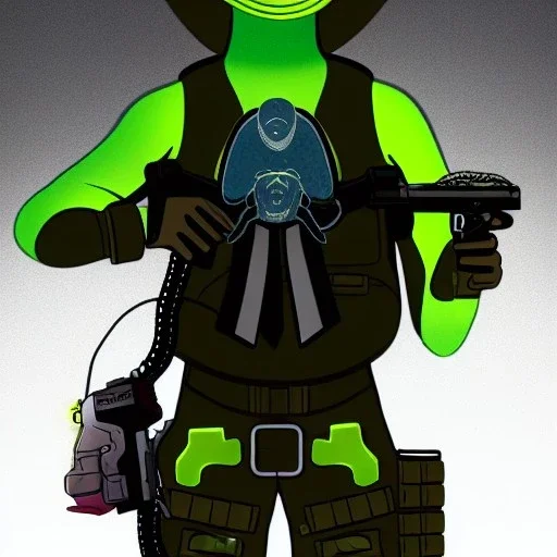 Alien, snake, metaljellyfishsombrero, vest, hands, holding gun, holster, steel military boots, squishy, chest plate, oxygen mask, bulbus nos snout, reptile pupil, blasterrifle