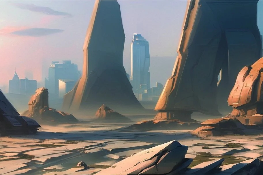 Sunny day, people near the, rocks seeing a distant modern city, sci-fi