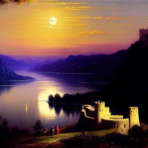 Drawing of 'Medieval Romanian Castle',mountain,lake,full moon, by gaston bussiere, greg rutkowski, yoji shinkawa, yoshitaka amano, tsutomu nihei, donato giancola, tim hildebrandt, oil on canvas, cinematic composition, extreme detail,fit full head inside picture,16k