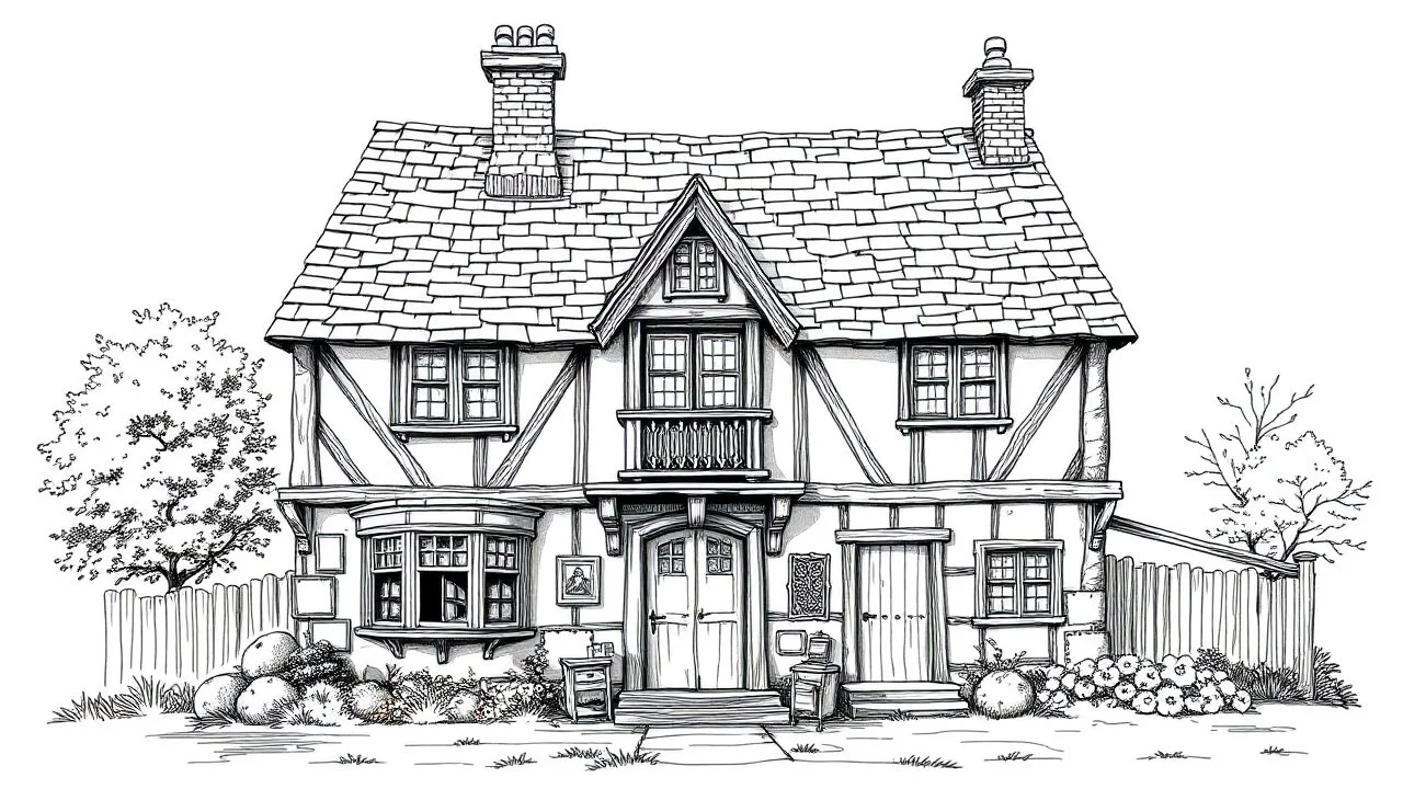 A front elevation line drawing of a fantasy mediaeval ramshackle house.