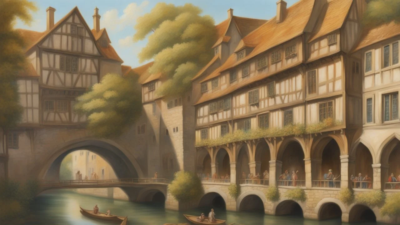 medieval buildings with balconies overhanging a river, blue sky and people, photorealism, trees, foliage, piers, intricate detail, ultra-sharp image, sharp focus