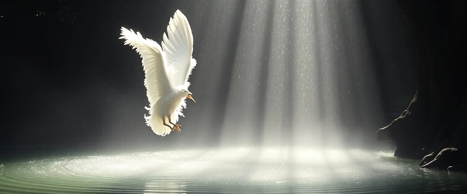 a fountain of youth feathers, radiant white feather light mirror bounce ancient angelic wooden treant by dark fountain,sonoluminessence