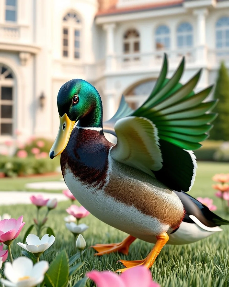 Generate image: Generate image: Generate image: A macro 3D render of a cute, lovely mallard with dark green neck ,entirely of translucent, glossy,colored jelly material. it is landing in yard of a luxury villa next to flowers ,subsurface scattering and gelatinous texture . High-quality CGI, octane render, 8k resolution, whimsical, adorable, clean composition. long shot ,4:3