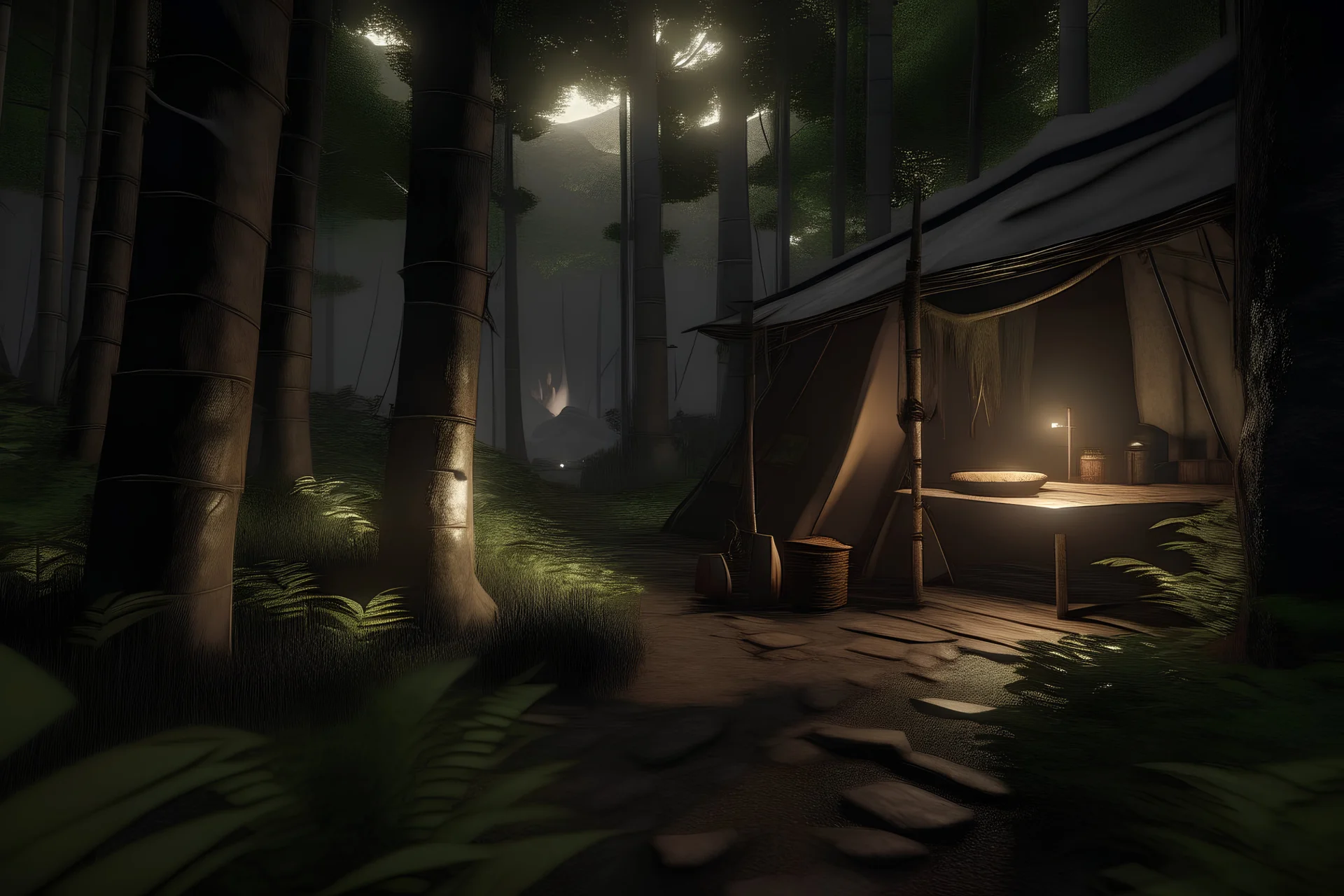 realistic, environment, bamboo forest, camp site, cozy, rendered in unreal engine, hyper realistic detail, dense, cozy, warm lighting, romantic, homey