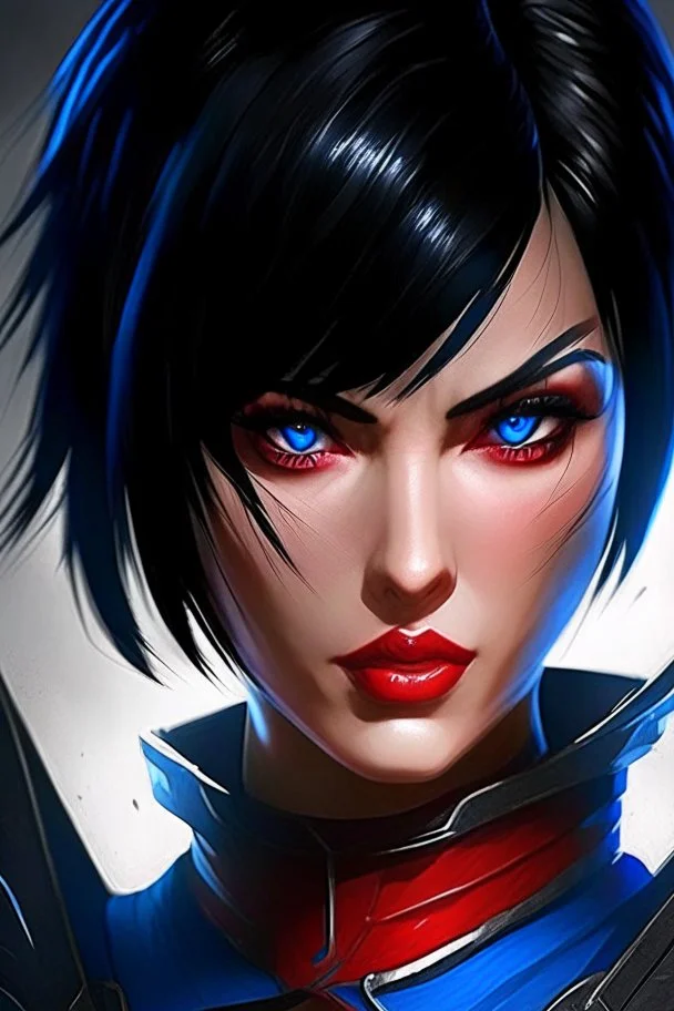 Fiora in kombat, blue eyes, short black hair, black and red details, league of legends