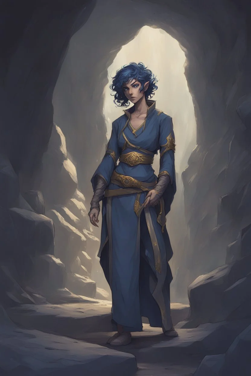 Dnd character in a dark cave. Leaning against a wall. A female Elf twilight cleric with super curly, super short, dark blue hair and golden eyes, wearing gray and dark blue robes. With tattoos. Etheral, very muscular, strong.