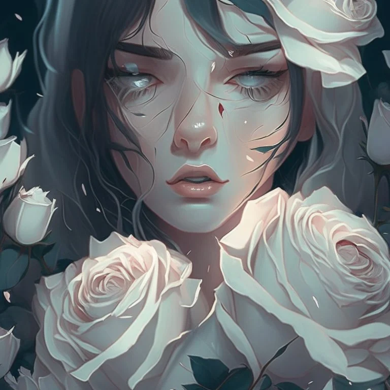 Pictures of a beautiful girl with a with background holding white roses covering her face Like from a cartoon movie, digital art, anime, 4k, full details, high resolution