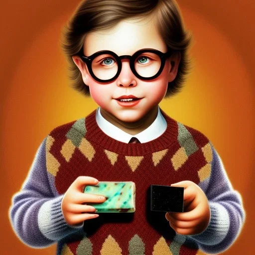 Peter Billingsley chubby kid Tortoise-shell glasses, Holding a ((Dark red plastic soap bar)) in his hand, brown argyle sweater