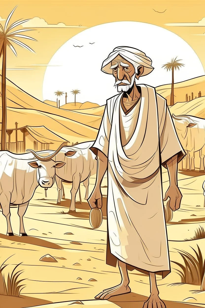 Old man, Arab, turban, white clothes, cattle, desert, council, sun, palm trees, mud houses, holding a stick, looking forward, a very slight smile.cartoon