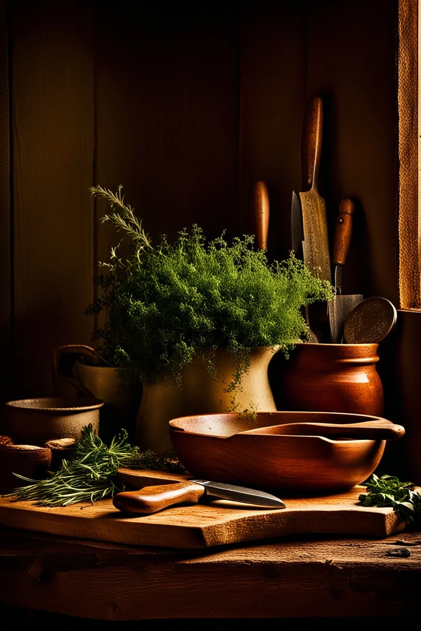 A rustic wooden cutting board, aged oak surface textured with knife marks, surrounded by vintage kitchen tools and fresh garden herbs cascading off the edges, positioned on a rough farmhouse table, ambient warm light casting soft shadows, still life photography, high dynamic range, rich earth tones.