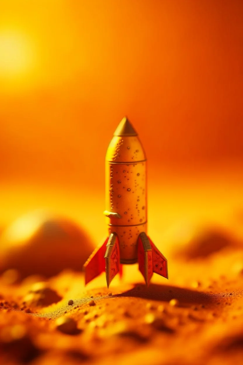 rock rocket on hazy yellow orange planet, photo-realistic, shot on Hasselblad h6d-400c, zeiss prime lens, bokeh like f/0.8, tilt-shift lens 8k, high detail, smooth render, down-light, unreal eng