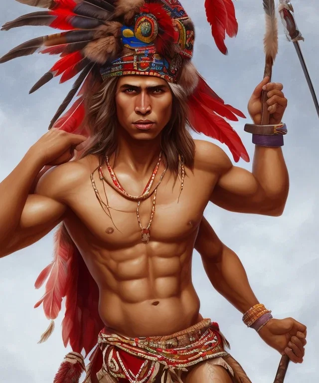 Guaicaipuro, native american god warrior, long hair, big muscles, red feathers headdress, shirtless, holding a stone tip spear