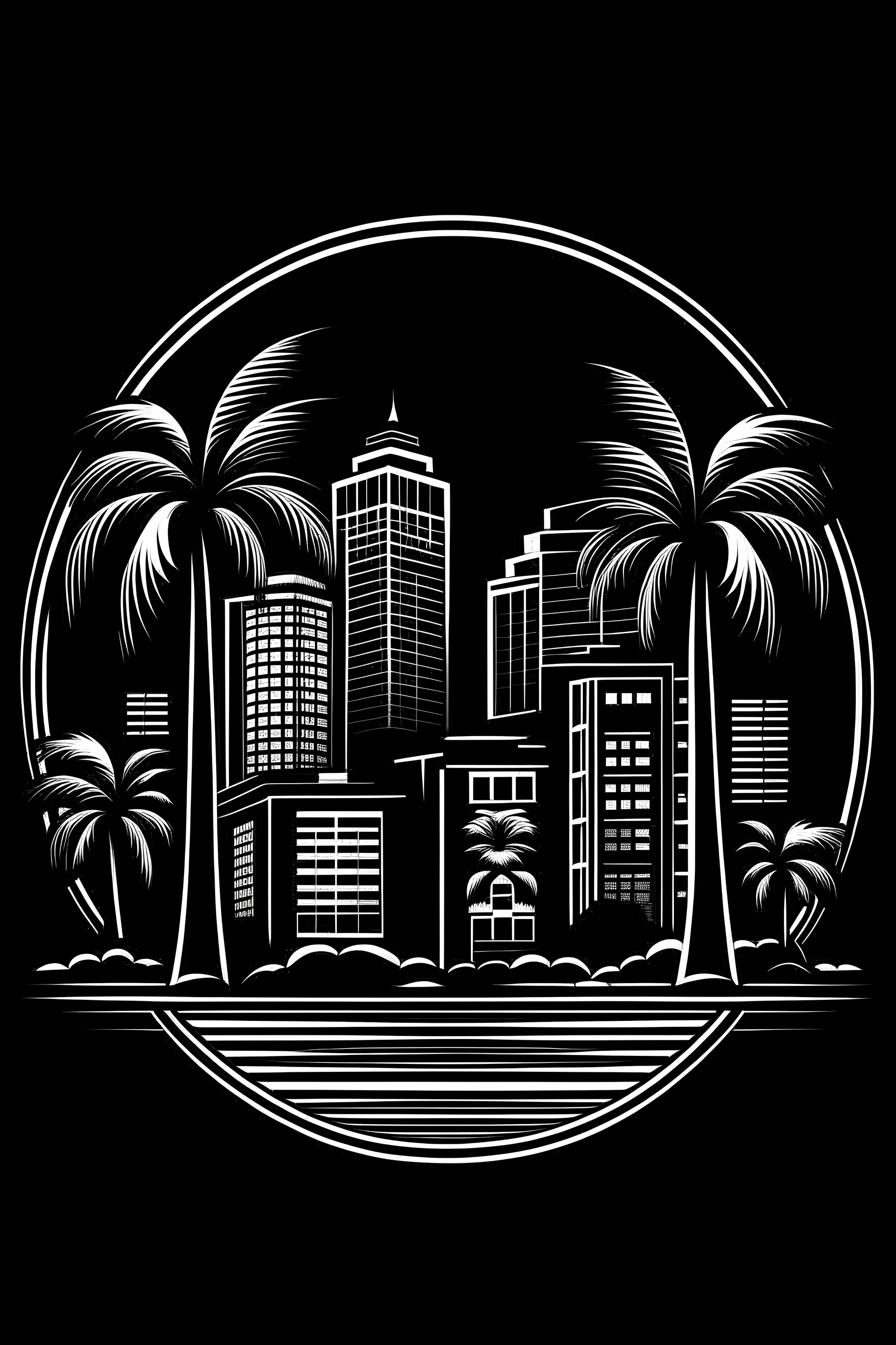 all black logo with big buildings and palm trees in the back