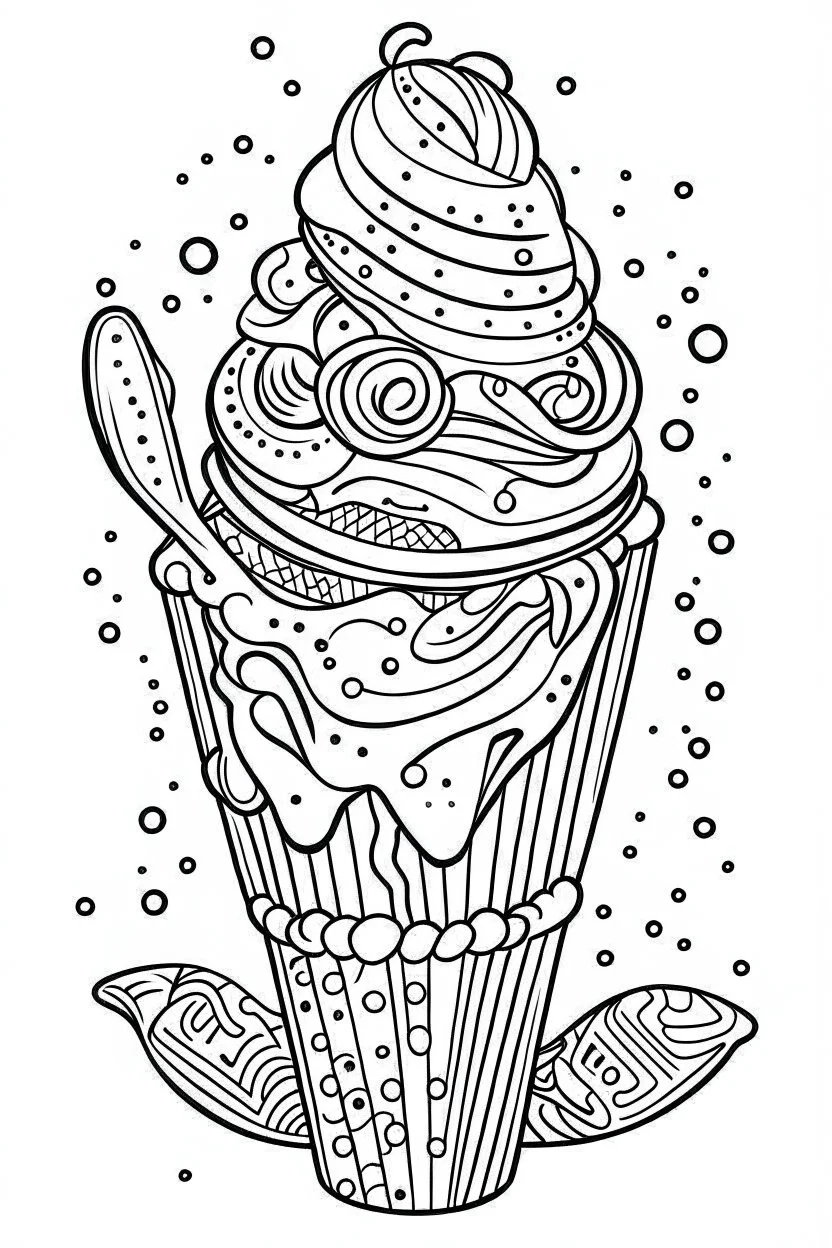 DRAW TO COLORING OF ICE CREAM, CARTOON STYLE, LOW DETAILS, THICK LINES, NO SHADING, NO COLOR