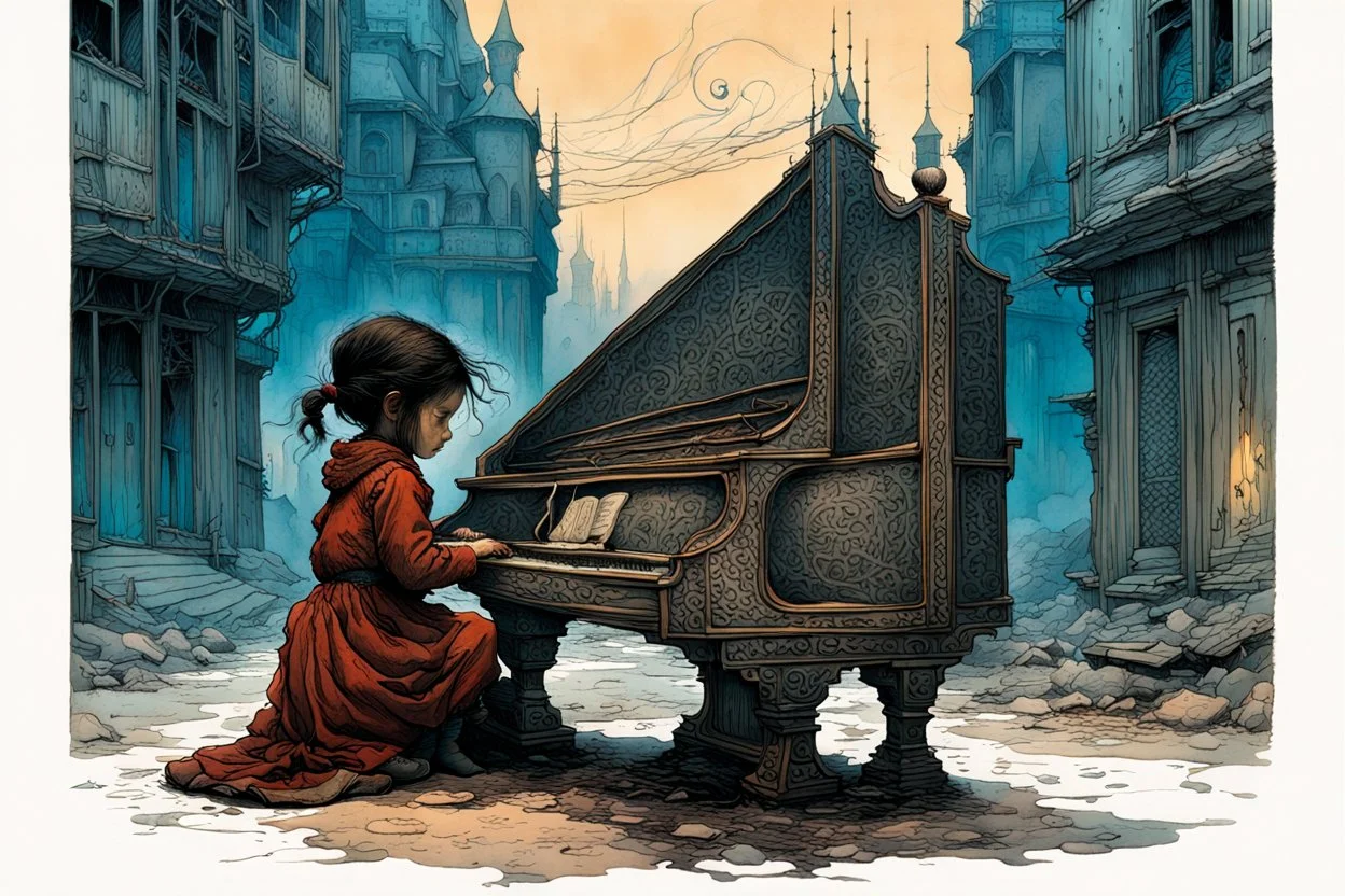 create a highly ethereal, darkly magical lithographic print illustration of a lonely orphan girl playing the piano , with highly detailed and deeply cut facial features, in the the style of JEAN-BAPTISTE MONGE and JEAN GIRAUD MOEBIUS, searing lines and forceful strokes, precisely drawn, boldly inked, and darkly colored