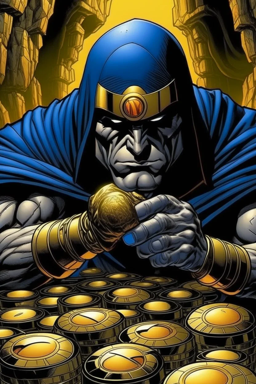 darkseid with gold jewelry and diamond ring; inside Batman's cave, wearing a Nike hat