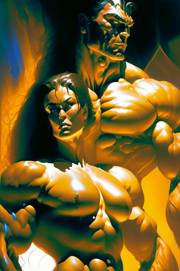 bodybuilder woman and man, Intense, Dramatic Lighting, Futuristic, Muscular, Athletic, Dynamic, sweat glistening, Intricate details, Digital illustration, energetic, High contrast, art by boris vallejo and greg rutkowski