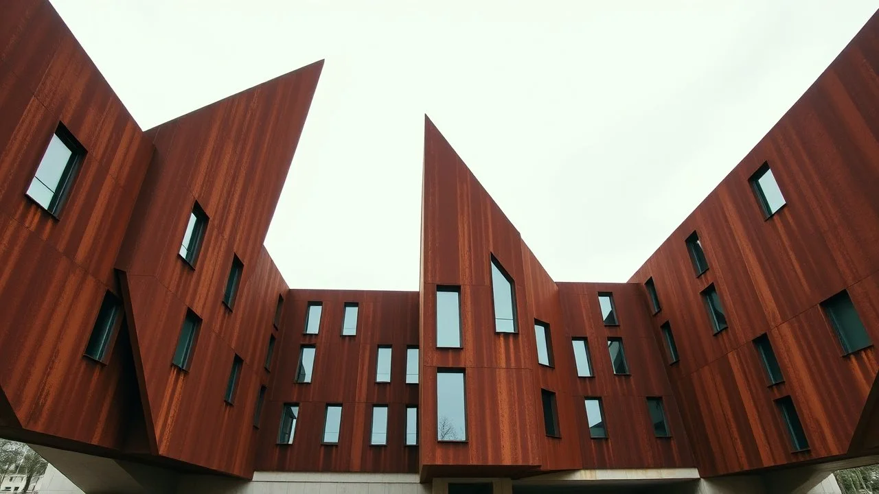 an imposing deconstructivist architectural structure made of weathered corten steel, its surfaces exhibiting a rich patina of rust and streaks. The building is composed of sharp, angular geometric forms that jut out at various angles, creating a dynamic and almost chaotic silhouette against a pale, overcast sky. Numerous rectangular windows, some tinted a pale blue or green, are embedded within the metal planes, offering glimpses into the interior. The structure rests on a base of light-colored