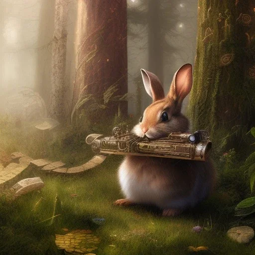 Forest in steampunk rabbit, extremely detailed, UHD, 8k,The close-up camera effect,sharp focus,perfect,position,hyperphotorealistic