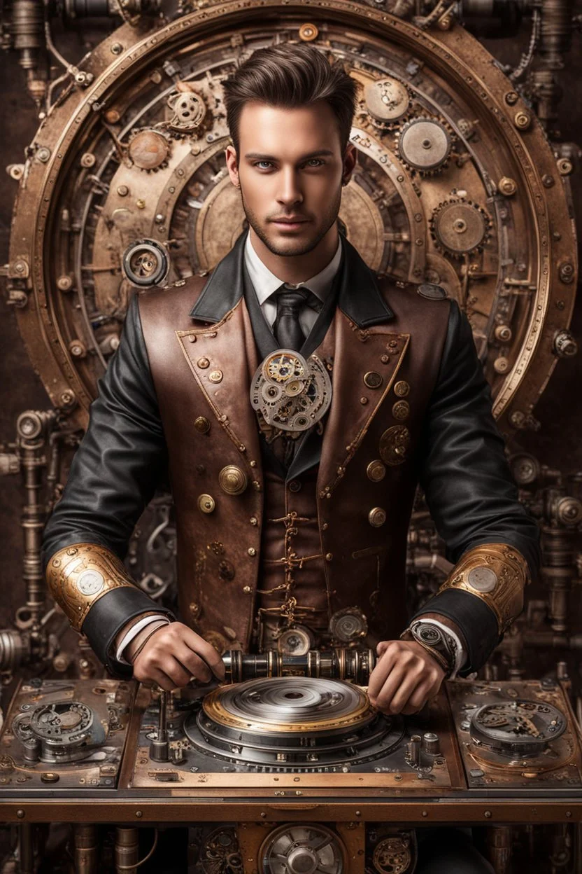 Front view Photography Realistic HD Natural Beauty Steampunk classic full mechanical man as dj player