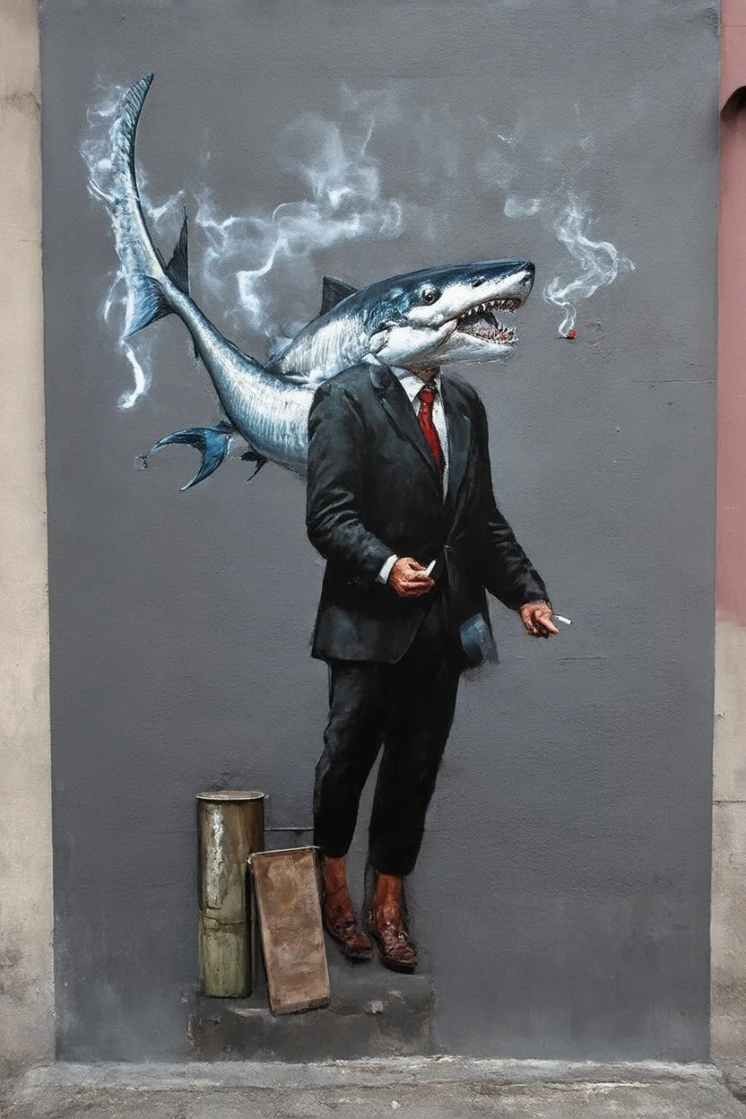 man with catfish shark head smoking a cigarrette in the style of banksy