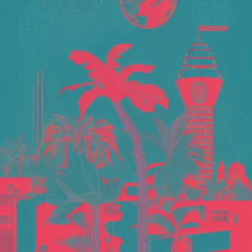 tropical, city, latino, plants, streets, risograph poster, flat design