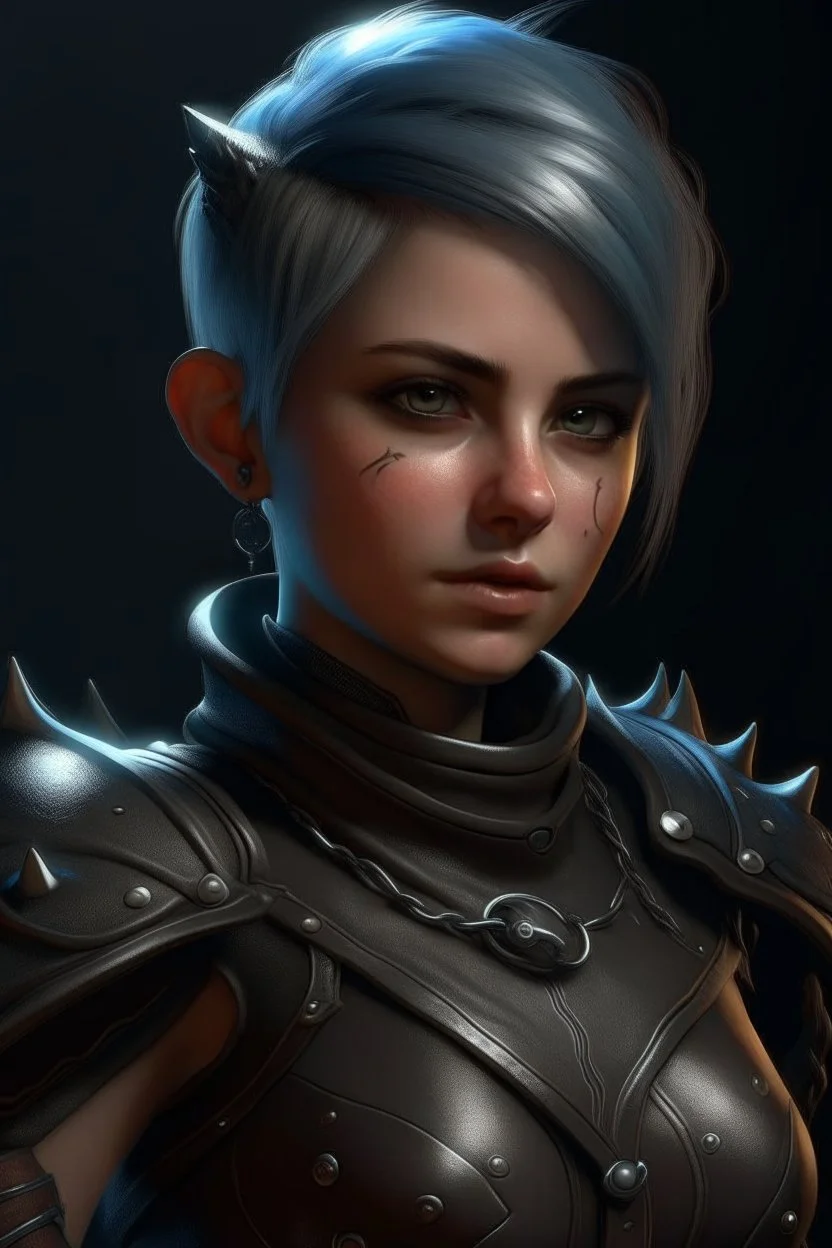 create a young female air genasi from dungeons and dragons, dark gray short hair, undercut, light blue eyes, wind like hair, wearing hot leather clothing that also looks studded, realistic, digital art, high resolution, strong lighting