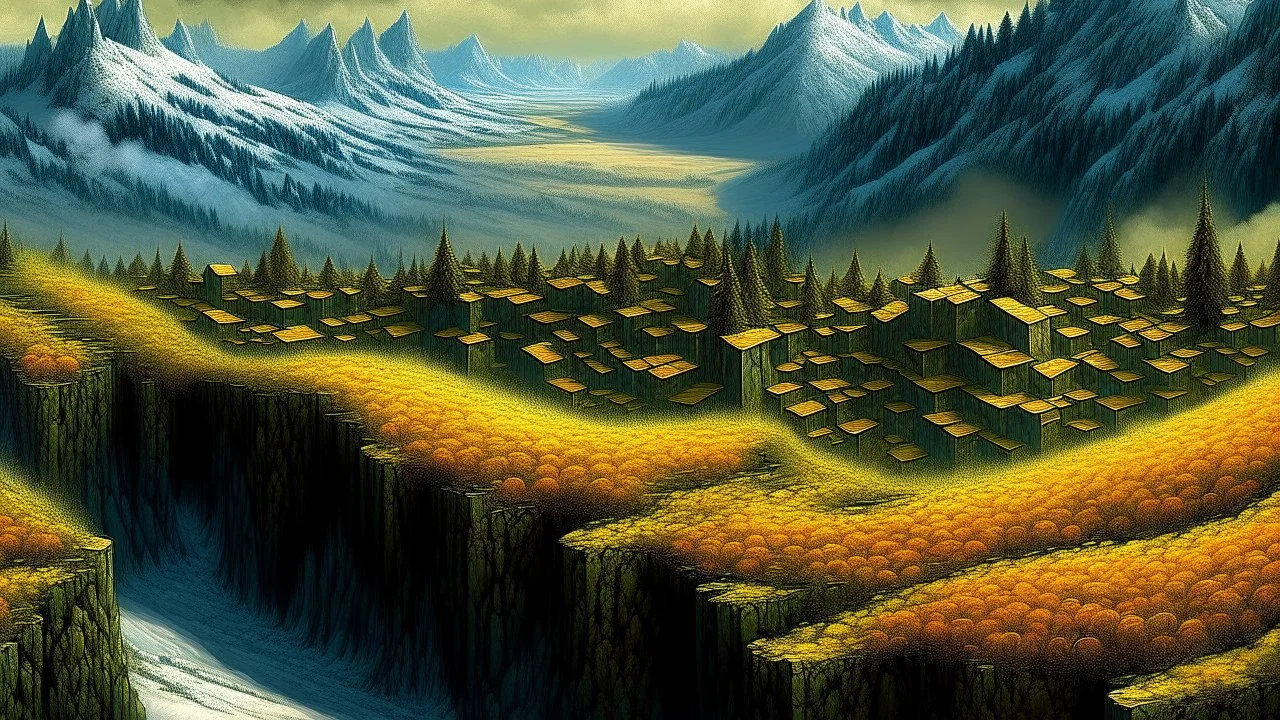 Dragon. Mountains. Snow. City. Small town.