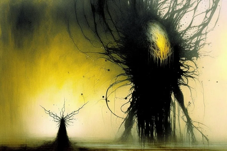 Liminal lovecraftian Abominations, by Stephen Gammell and Pejac and Jim Starlin, warm colors, stylish, unsettling horror art, vestiges of horror, dark shines war, guided by N(t)=N0​⋅e−kt