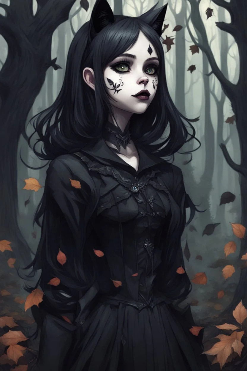 CAT GIRL, goth, SOULLESS, forest, nature, cartoon, leaves