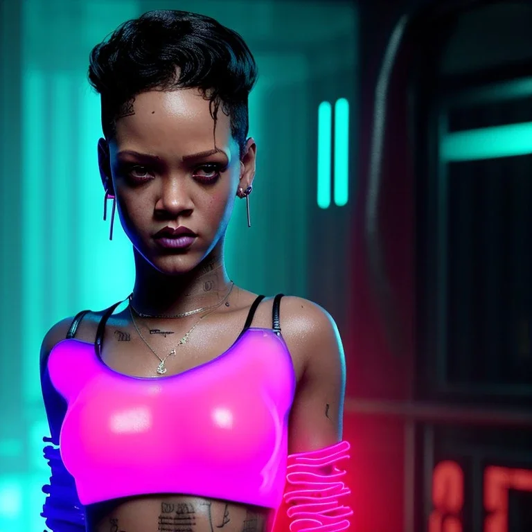 young rihanna, blade runner style, middle short hair, rain, fog, neon ambient, gradient color, clean skin, circuits, latex coat, cyber punk, neon, tubes, portrait, photo studio, unreal engine 5, smooth color, 16 bit, god lights, ray tracing, RTX, lumen lighting, ultra deatail, volumetric lighting, 3d, finely drawn, hd.