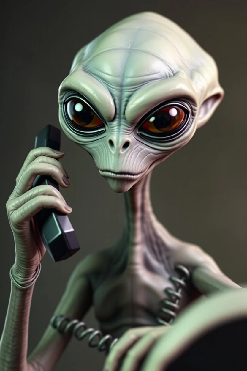 lifelike grey alien angrily talking on the phone