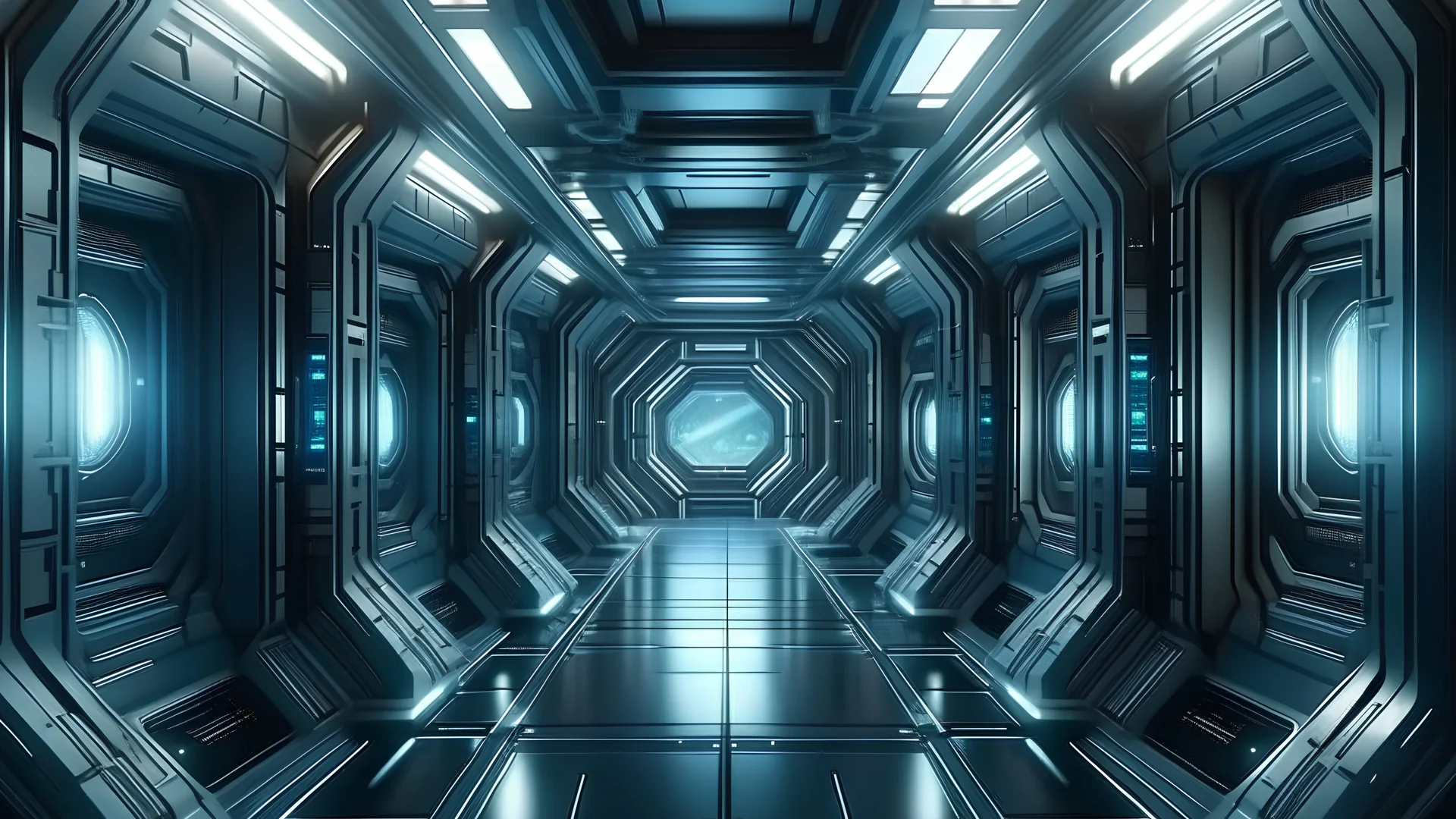 Space station or spaceship scifi style corridor or room. . Ultra modern sci-fi design. Generative AI.