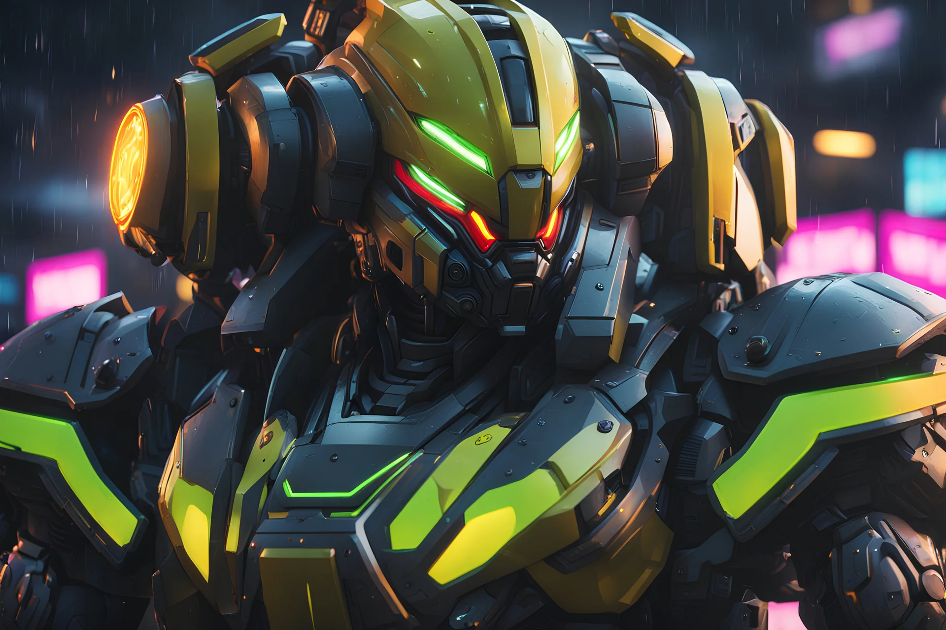 Machine in 8k anime cgi artstyle, orisa them, neon effect, close picture, rain, apocalypse, intricate details, highly detailed, high details, detailed portrait, masterpiece,ultra detailed, ultra quality